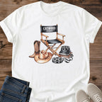 Film Crew Apparel Vintage Cotton T Shirt Director Chair Design Soft Lightweight Tee Classic Fit Crew Neck Shirt Retro Movie Set Print Camera Reel Illustration Filmmaker Professional Wear Creative Style Gift Cinema Lover Fashion Casual