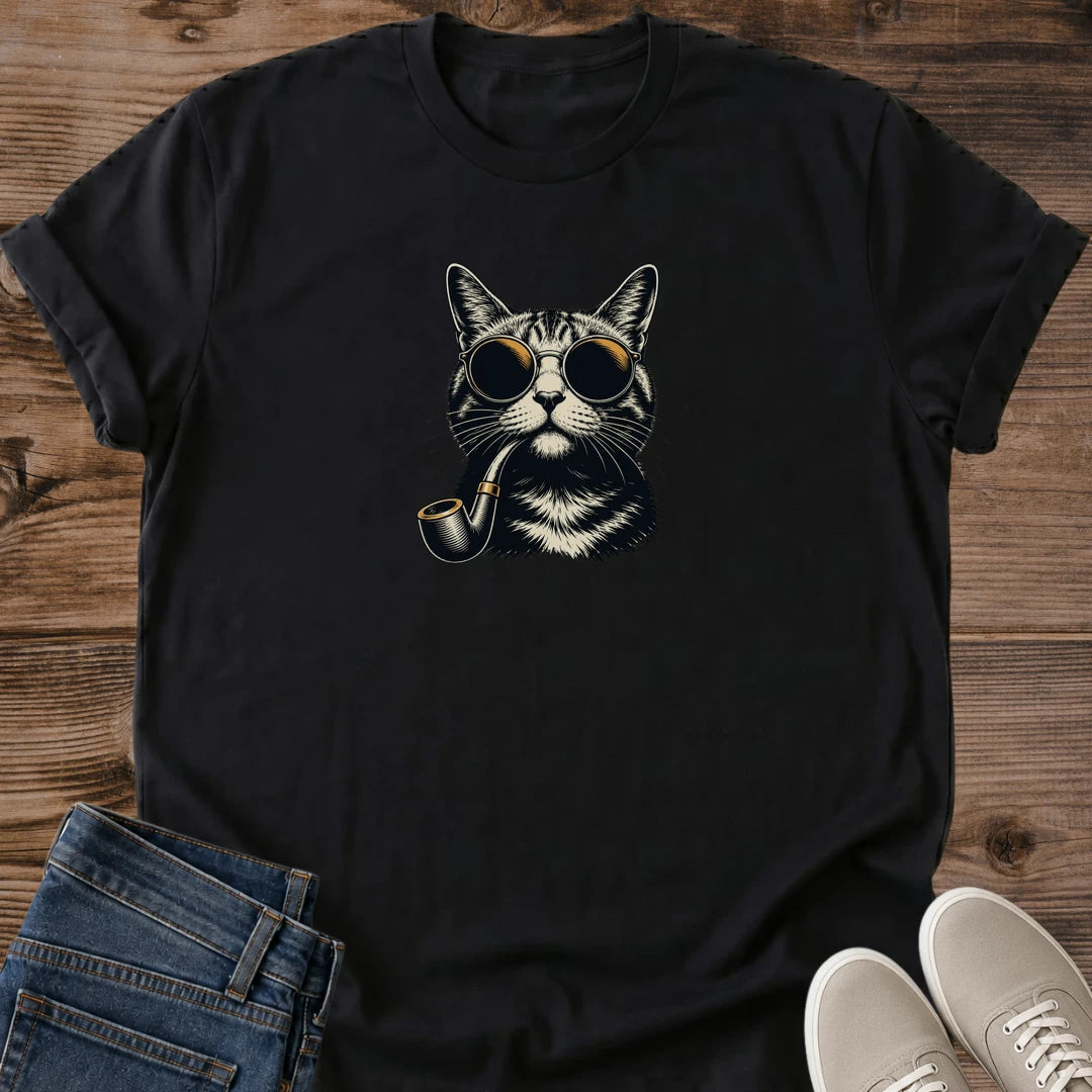 Gentleman Cat Shirt Vintage Hand Drawn Design Funny Tabby Cat Illustration Retro Feline Graphic Tee Cat Wearing Pipe Sunglasses Classic Pet Art Sophisticated Cat Lover Gift Unique Animal Tshirt Quirky Fashion Statement Cat Owner Present