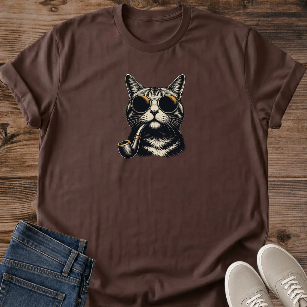 Funny Cat Shirt Vintage Gentleman Design Hand Drawn Tabby Cat Wearing Pipe Round Sunglasses Retro Cat Lover Gift Graphic Tee Sophisticated Feline Art Classic Engraved Style Illustration Cat Owner Present Unique Animal Tshirt Quirky Pet
