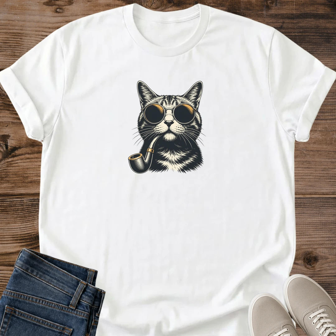 Retro Cat Tee Vintage Gentleman Tabby Illustration Funny Cat Shirt Hand Drawn Design Classic Feline Art Cat Wearing Round Glasses Pipe Sophisticated Pet Graphic Tshirt Cat Lover Gift Idea Unique Animal Fashion Statement Quirky Cat Owner