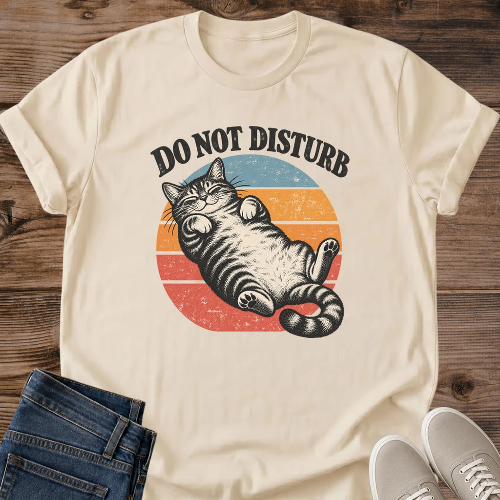 Do Not Disturb Cat Shirt Sand Funny Lazy Cat Tee Tabby Cat Sleeping Belly Up Graphic Retro Sunset Stripes Cat Shirt Nap Time Humor Tee Weekend Mode Shirt Cat Mom Gift Me Time Tee Cat Dad Gildan 64000 Softstyle Unisex Cat Whisker Co
