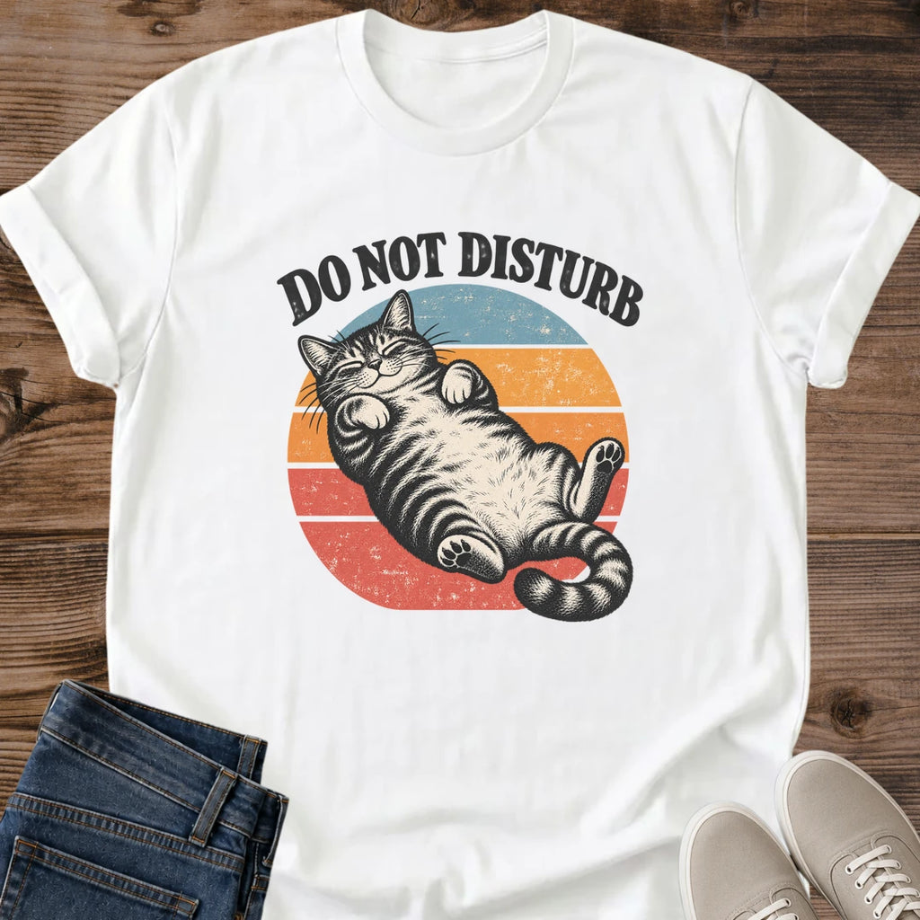 Do Not Disturb Cat Shirt Sand Funny Lazy Cat Tee Tabby Cat Sleeping Belly Up Graphic Retro Sunset Stripes Cat Shirt Nap Time Humor Tee Weekend Mode Shirt Cat Mom Gift Me Time Tee Cat Dad Gildan 64000 Softstyle Unisex Cat Whisker Co