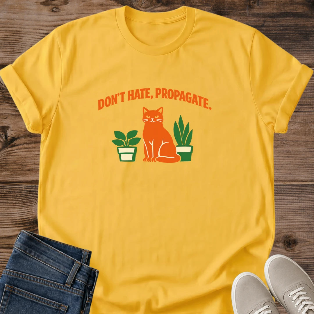 Botanical Tee Design Cat Plant Lover Shirt Retro Cottagecore Fashion Vintage Style Graphic Tee Ginger Cat Illustration Hand Lettered Typography Potted Plants Vines Pattern Soft Lightweight Fabric Comfortable Casual Wear Perfect Gift Plant