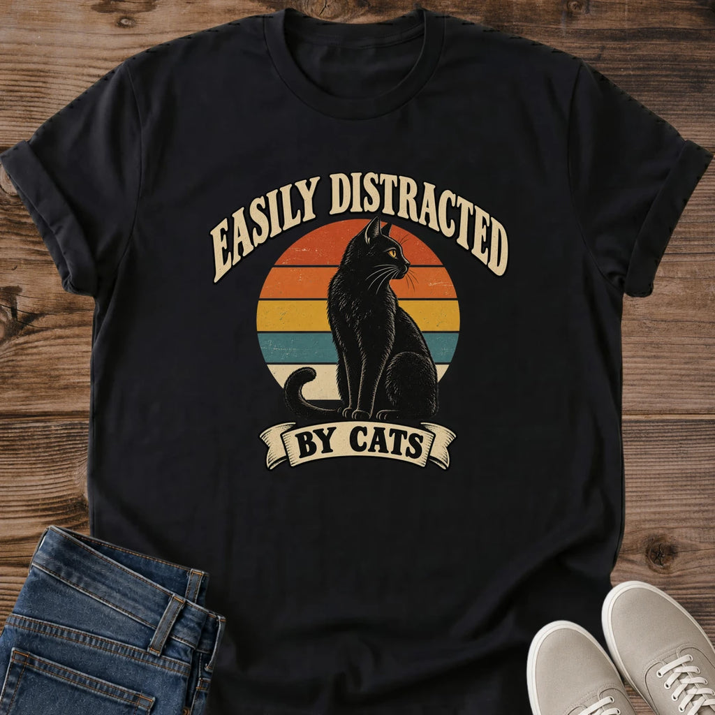 Easily Distracted By Cats Shirt Retro Sunset Black Cat Silhouette Tee Funny Cat Lover Gift Idea Softstyle Ring Spun Cotton Relaxed Fit Everyday Casual Wear Vintage Print Cat Owner Apparel Humor Statement Piece Lightweight