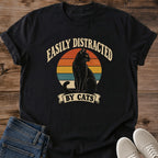 Easily Distracted By Cats Shirt Retro Sunset Black Cat Silhouette Tee Funny Cat Lover Gift Idea Softstyle Ring Spun Cotton Relaxed Fit Everyday Casual Wear Vintage Print Cat Owner Apparel Humor Statement Piece Lightweight