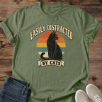 Funny Black Cat Tee Easily Distracted By Cats Retro Sunset Silhouette Design Cat Lover Gift For Her Softstyle Cotton Comfortable Relaxed Fit Casual Weekend Wear Vintage Print Cat Mom Statement Apparel Everyday Layering Piece