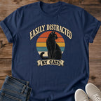 Funny Cat Graphic Tee Easily Distracted By Cats Retro Sunset Silhouette Print Vintage Aesthetic Cat Owner Shirt Gift For Cat Lovers Softstyle Cotton Comfortable Relaxed Fit Statement Piece Everyday Casual Wear Apparel Humor Gift