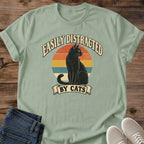 Retro Cat Shirt Easily Distracted By Cats Sunset Silhouette Funny Graphic Tee Cat Owner Gift Idea Ring Spun Cotton Soft Breathable Fabric Relaxed Unisex Fit Vintage Sunset Print Design Cat Person Apparel Casual Everyday Wear