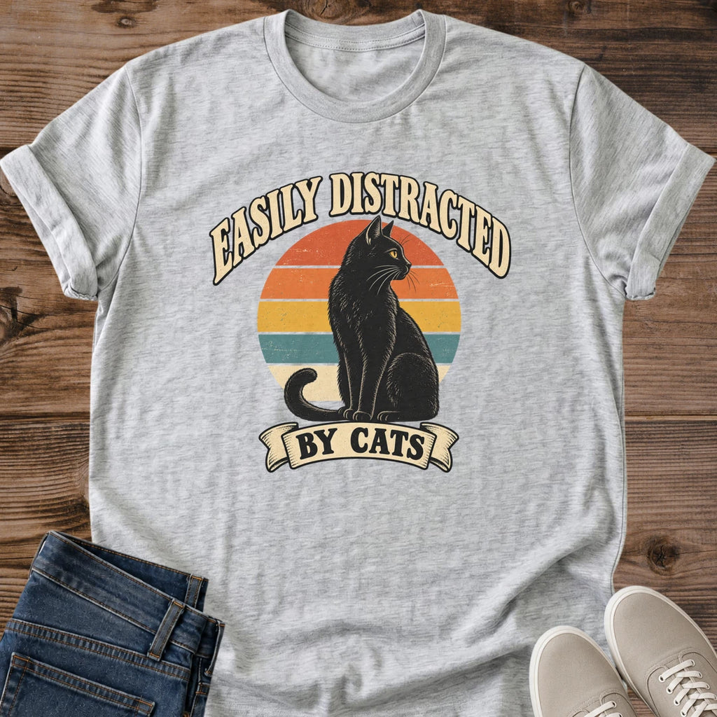 Easily Distracted By Cats Shirt Retro Sunset Black Cat Silhouette Tee Funny Cat Lover Gift Idea Softstyle Ring Spun Cotton Relaxed Fit Everyday Casual Wear Vintage Print Cat Owner Apparel Humor Statement Piece Lightweight