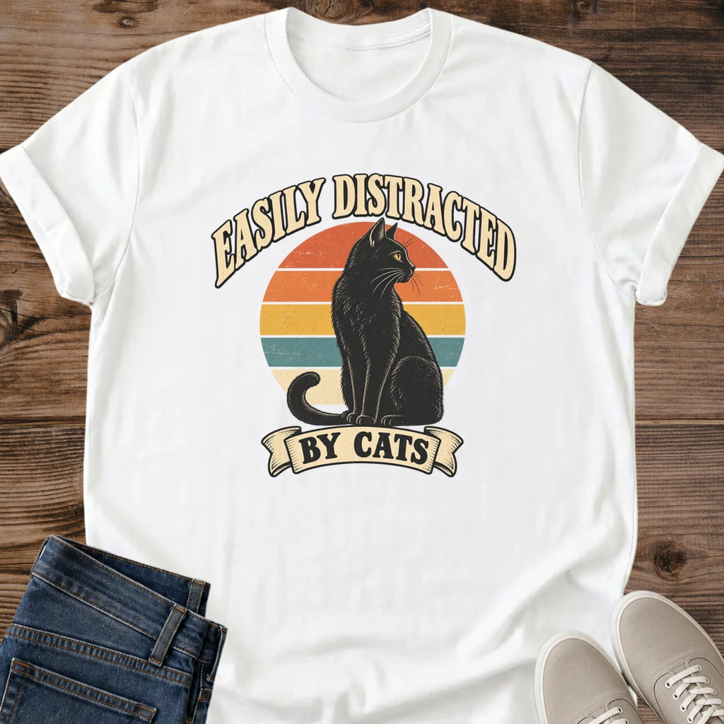 Funny Black Cat Tee Easily Distracted By Cats Retro Sunset Silhouette Design Cat Lover Gift For Her Softstyle Cotton Comfortable Relaxed Fit Casual Weekend Wear Vintage Print Cat Mom Statement Apparel Everyday Layering Piece