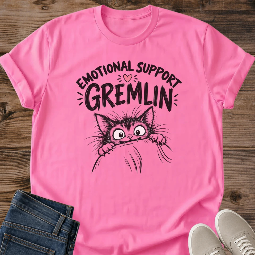 Cat Lover Gift Shirt Emotional Support Gremlin Funny Graphic Tee Feral Cat Peeking Over Edge Hand Lettered Design Comfortable Softstyle Cotton Casual Everyday Wear Quirky Cat Owner Tee