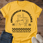 Funny Cat Shirt Sarcastic Graphic Tee Emotionally Unavailable For Cat Design Retro Style Lounging Cat Illustration Perfect Gift Cat Lover Humorous Text Message Casual Wear Essential Black Line Art Checkered Pattern Arch Design Pet Owner
