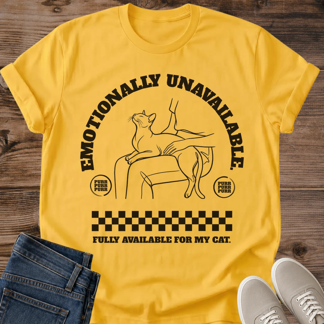 Funny Cat Shirt Sarcastic Graphic Tee Emotionally Unavailable For Cat Design Retro Style Lounging Cat Illustration Perfect Gift Cat Lover Humorous Text Message Casual Wear Essential Black Line Art Checkered Pattern Arch Design Pet Owner