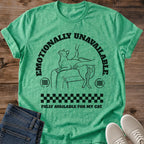Cat Lover Gift Shirt Funny Sarcastic Tee Retro Graphic Design Lounging Cat Illustration Arch Pattern Checkered Detail Black Line Art Emotionally Unavailable Message Perfect Pet Owner Apparel Casual Statement Piece Vintage Style Comfortable