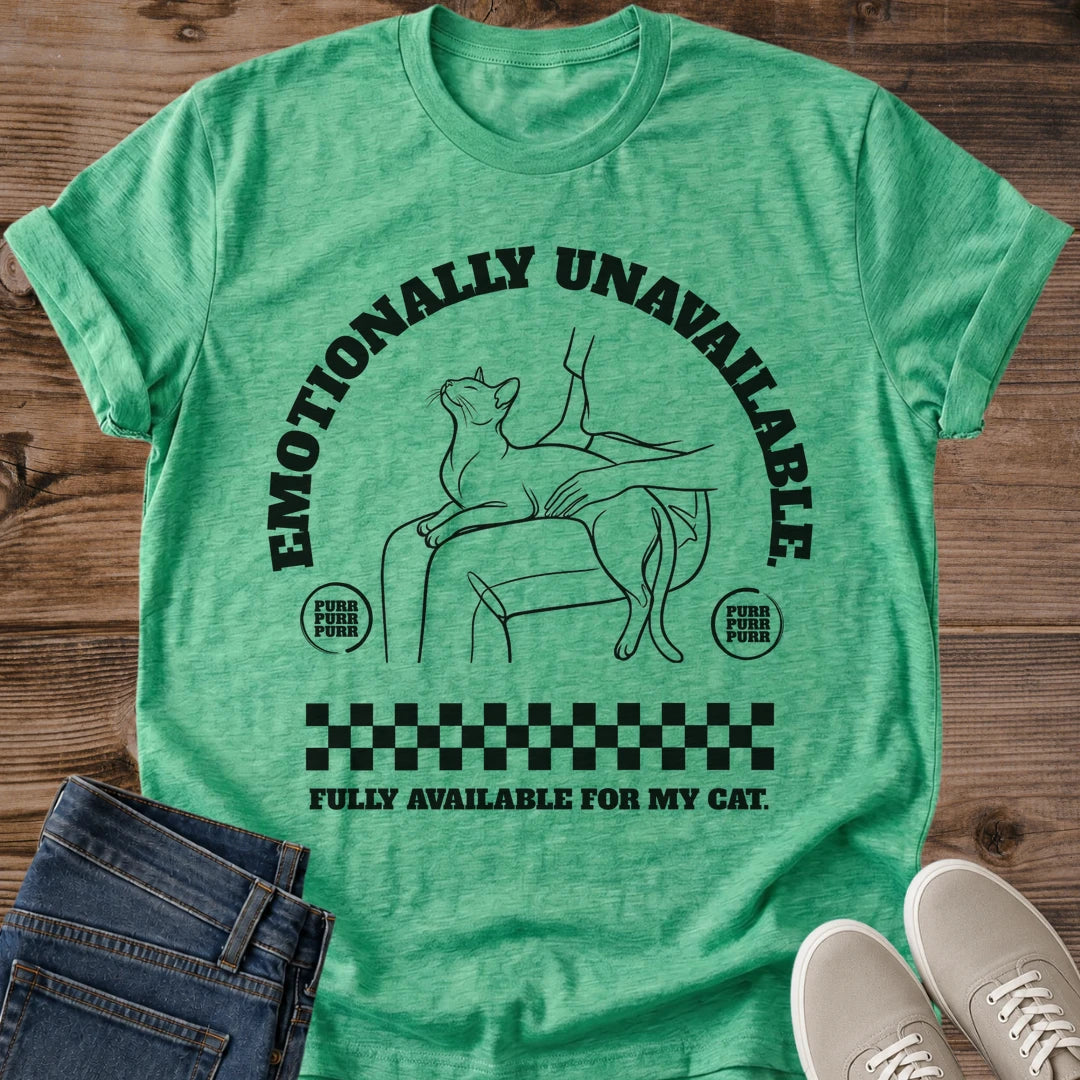 Cat Lover Gift Shirt Funny Sarcastic Tee Retro Graphic Design Lounging Cat Illustration Arch Pattern Checkered Detail Black Line Art Emotionally Unavailable Message Perfect Pet Owner Apparel Casual Statement Piece Vintage Style Comfortable