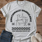 Graphic Cat Tee Retro Design Funny Sarcastic Shirt Cat Lover Essential Emotionally Unavailable Available For Cat Message Vintage Style Lounging Cat Illustration Black Line Art Checkered Arch Pattern Perfect Gift Pet Owner Casual Wear