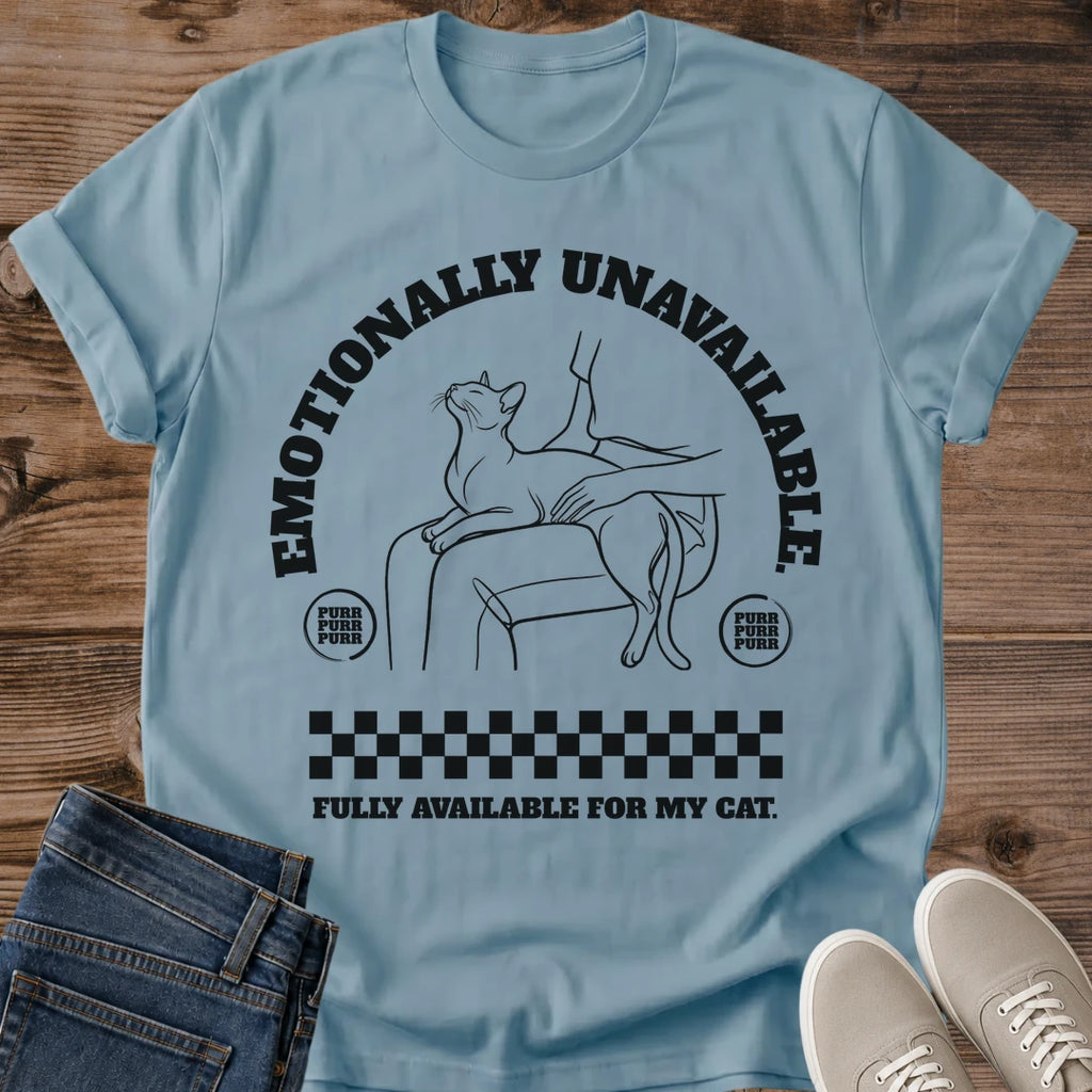 Retro Cat Shirt Graphic Tee Design Sarcastic Cat Lover Gift Vintage Style Lounging Cat Illustration Arch Layout Checkered Detail Black Line Art Funny Message Emotionally Unavailable Available For Cat Perfect Pet Owner Apparel Casual Wear