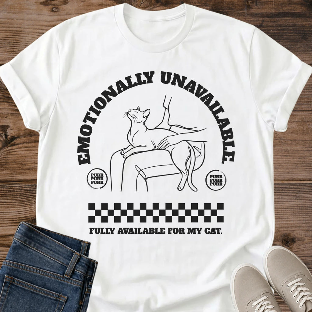 Sarcastic Cat Tee Funny Graphic Shirt Emotionally Unavailable Cat Design Retro Style Perfect Gift Cat Lover Humorous Message Lounging Cat Illustration Black Line Art Checkered Pattern Casual Wear Statement Piece Pet Owner Essential
