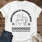 Sarcastic Cat Tee Funny Graphic Shirt Emotionally Unavailable Cat Design Retro Style Perfect Gift Cat Lover Humorous Message Lounging Cat Illustration Black Line Art Checkered Pattern Casual Wear Statement Piece Pet Owner Essential