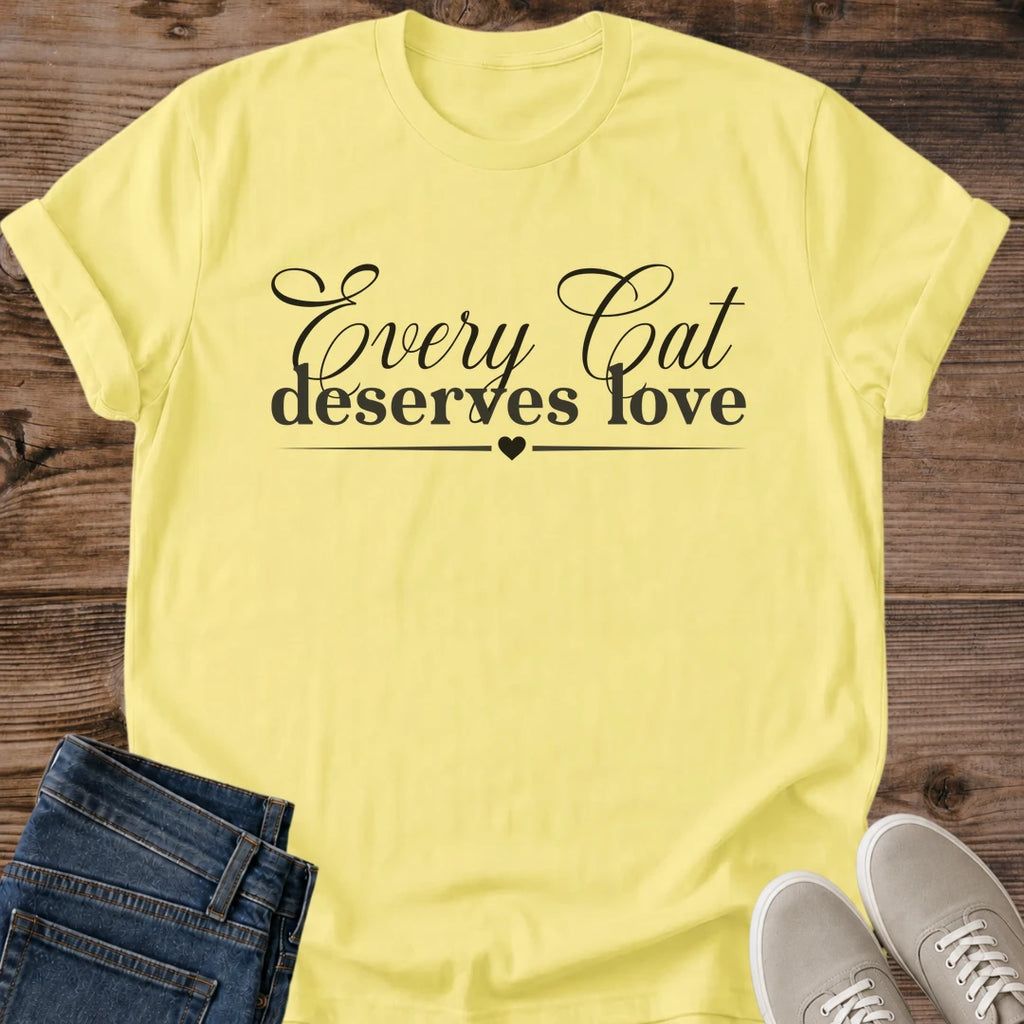 Vintage Cat Lover Tee Every Cat Deserves Love Script Design Cotton Cat Mom Gift Shirt Sentimental Aesthetic Softstyle Ring Spun Fabric Relaxed Retail Fit Casual Weekend Layering Statement Piece Everyday Wear For Home