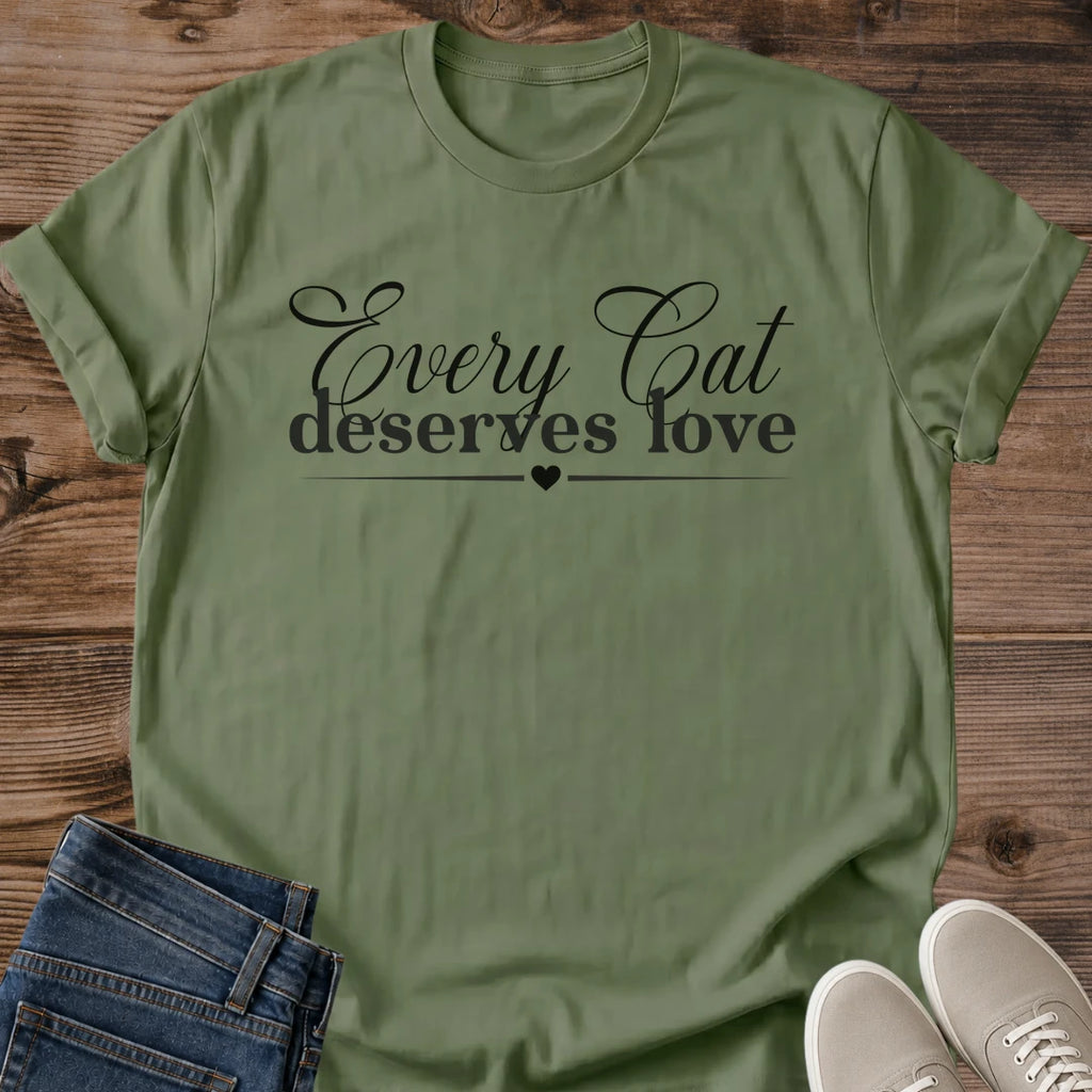 Rescue Cat Shirt Every Cat Deserves Love Elegant Graphic Tee Gift Idea Ring Spun Cotton Soft Breathable Fabric Relaxed Unisex Fit Simple Print Design Cat Person Apparel Casual Everyday Wear Statement Piece Great Gift