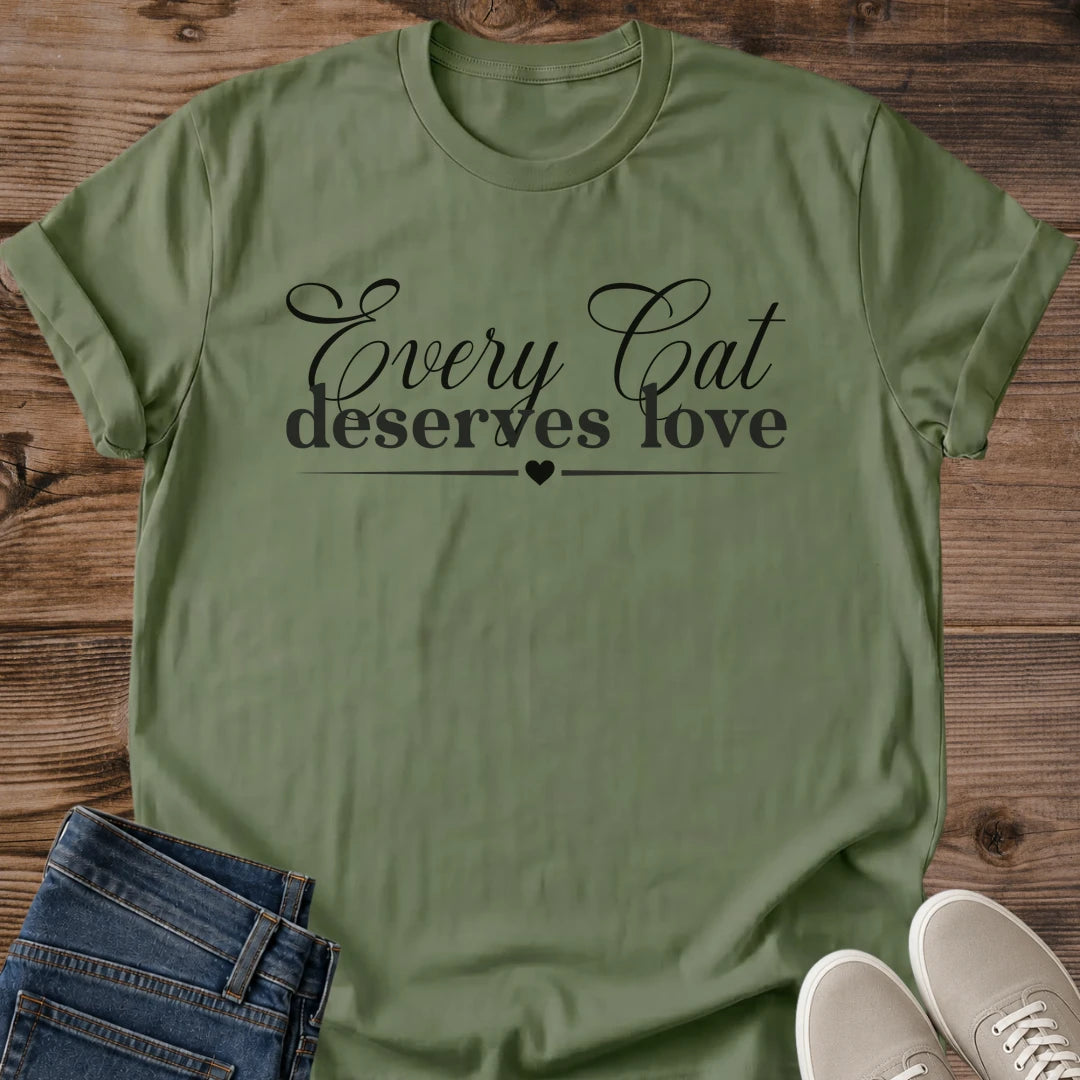 Rescue Cat Shirt Every Cat Deserves Love Elegant Graphic Tee Gift Idea Ring Spun Cotton Soft Breathable Fabric Relaxed Unisex Fit Simple Print Design Cat Person Apparel Casual Everyday Wear Statement Piece Great Gift
