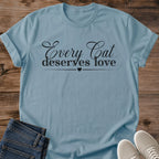 Rescue Cat Shirt Every Cat Deserves Love Elegant Graphic Tee Gift Idea Ring Spun Cotton Soft Breathable Fabric Relaxed Unisex Fit Simple Print Design Cat Person Apparel Casual Everyday Wear Statement Piece Great Gift