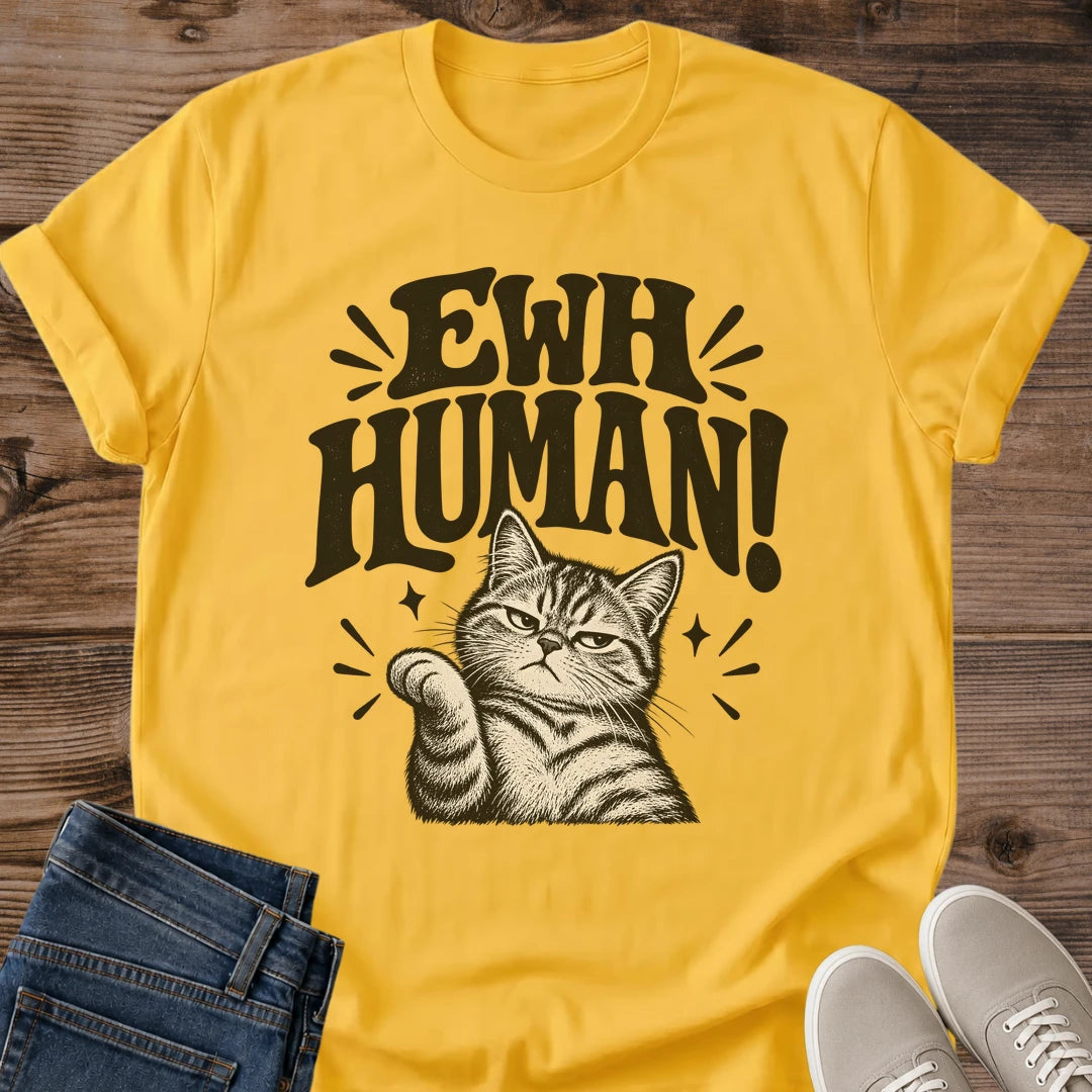 Vintage Cat Lover Tee Ewh Human Sassy Thumbs Down Design Cotton Cat Dad Gift Shirt Sarcastic Aesthetic Softstyle Ring Spun Fabric Relaxed Retail Fit Casual Weekend Layering Statement Piece Everyday Wear For Home