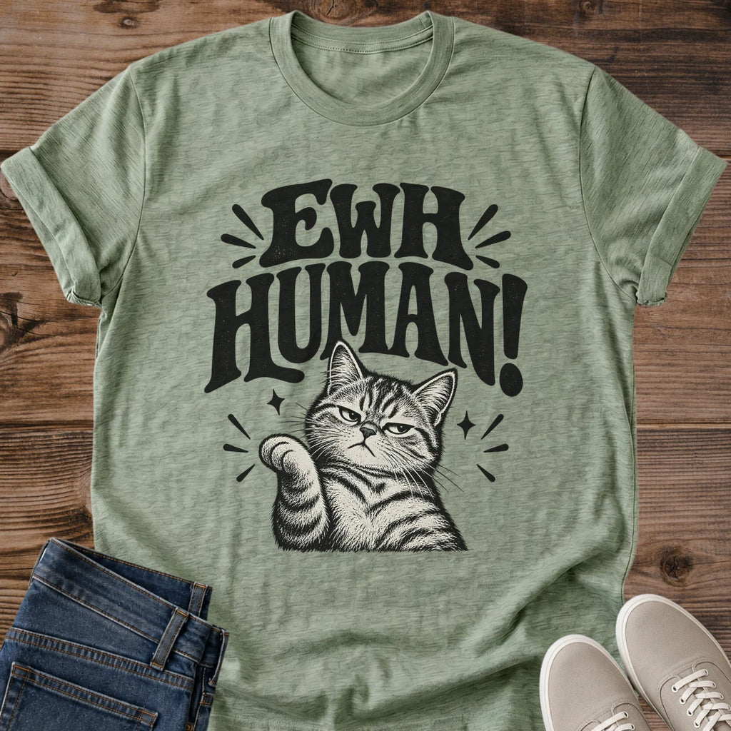 Funny Sarcastic Cat Shirt Ewh Human Thumbs Down Graphic Tee Gift Idea Ring Spun Cotton Soft Breathable Fabric Relaxed Unisex Fit Bold Print Design Cat Person Apparel Casual Everyday Wear Statement Piece Great Gift