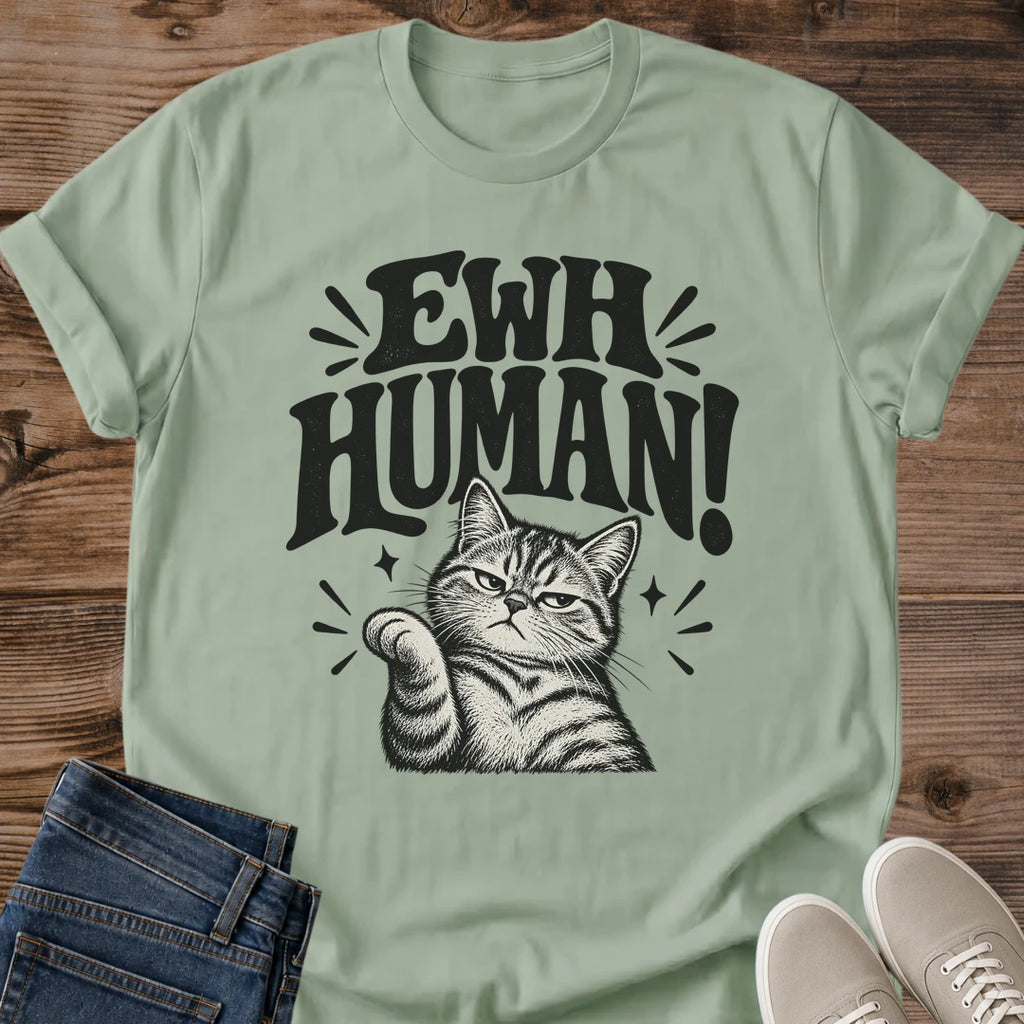 Funny Sarcastic Cat Shirt Ewh Human Thumbs Down Graphic Tee Gift Idea Ring Spun Cotton Soft Breathable Fabric Relaxed Unisex Fit Bold Print Design Cat Person Apparel Casual Everyday Wear Statement Piece Great Gift