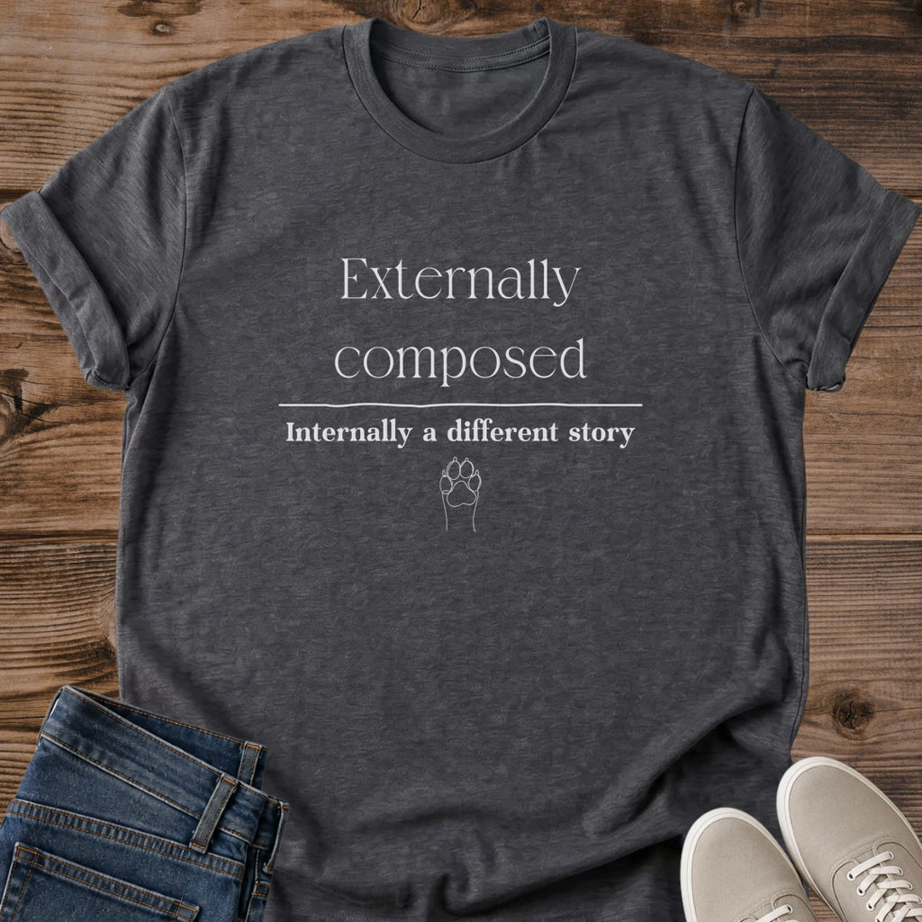Cat Mental Health Awareness Shirt Honest Quote For Introverts Composed Externally Message Minimal Typography Design Small Paw Print Detail Anxiety Support Clothing Cat Lover Gift Relatable Humor Tshirt Everyday Casual Wear Authentic