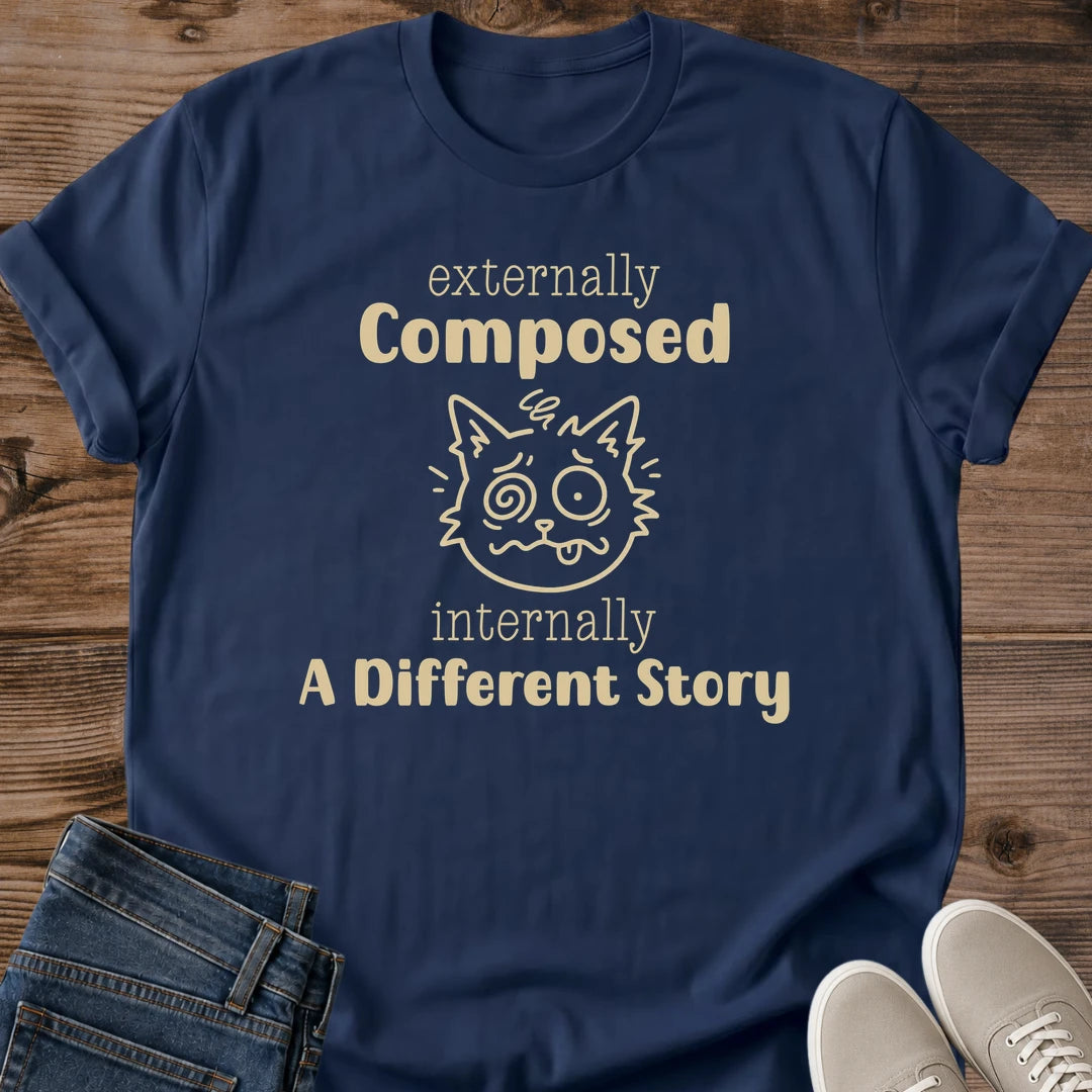 Cat Mental Health Awareness Shirt Honest Quote For Introverts Composed Externally Message Minimal Typography Design Small Paw Print Detail Anxiety Support Clothing Cat Lover Gift Relatable Humor Tshirt Everyday Casual Wear Authentic