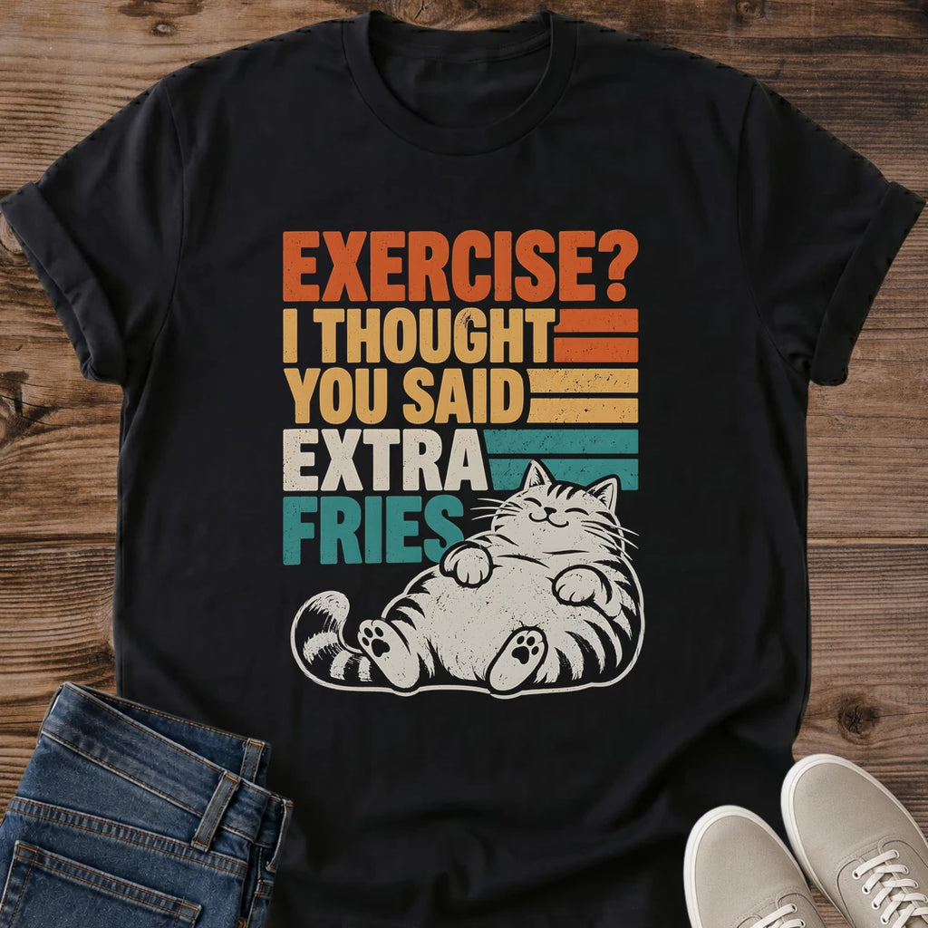 Black Gildan 64000 unisex Extra Fries cat T-shirt shown from the front on wooden planks, styled with folded blue jeans and light gray sneakers. Orange, yellow, cream and teal block lettering reads "EXERCISE? I THOUGHT YOU SAID EXTRA FRIES," with horizontal retro stripes and a distressed texture. A reclining cream tabby with closed eyes, visible paw pads and a curved striped tail sits beneath the slogan. The crewneck tee has rolled sleeves.