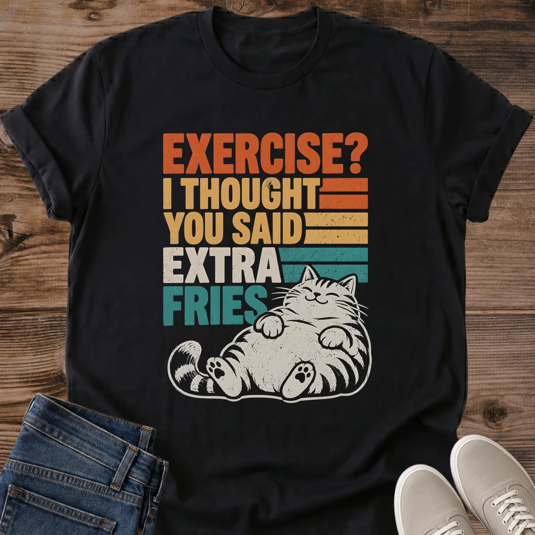 Black Gildan 64000 unisex Extra Fries cat T-shirt shown from the front on wooden planks, styled with folded blue jeans and light gray sneakers. Orange, yellow, cream and teal block lettering reads "EXERCISE? I THOUGHT YOU SAID EXTRA FRIES," with horizontal retro stripes and a distressed texture. A reclining cream tabby with closed eyes, visible paw pads and a curved striped tail sits beneath the slogan. The crewneck tee has rolled sleeves.