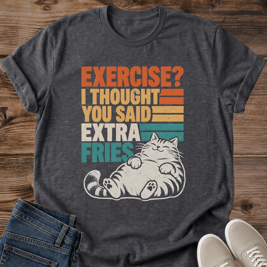 Dark Heather charcoal gray Gildan 64000 unisex Extra Fries cat T-shirt with a crew neck and rolled sleeves, laid flat on wood with folded blue jeans and light gray sneakers. The heathered fabric carries the distressed slogan "EXERCISE? I THOUGHT YOU SAID EXTRA FRIES" in orange, yellow, cream and teal lettering with retro stripes. A relaxed cream tabby lounges below, eyes closed, paws on its round belly and striped tail curled to one side.