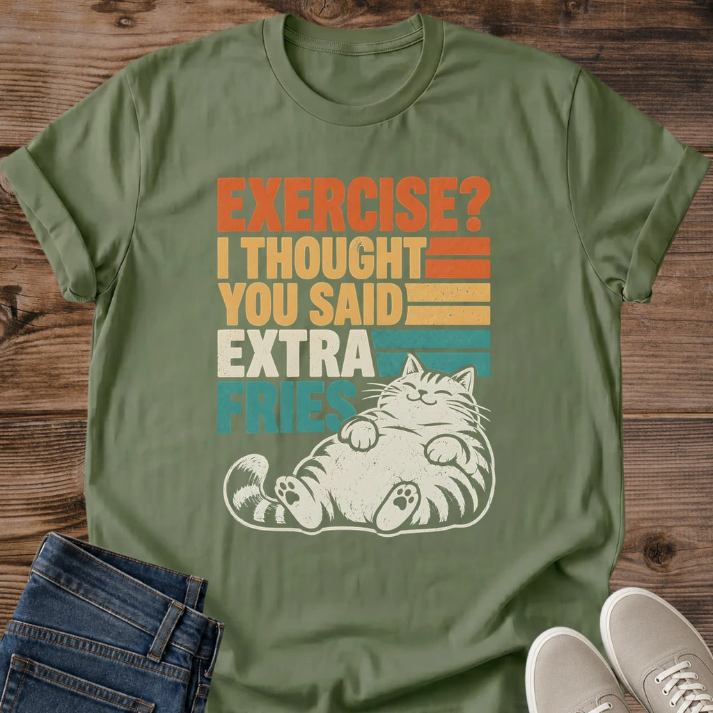 Military Green olive Gildan 64000 unisex funny cat T-shirt in a front-view flat lay on rustic wood, styled with folded blue jeans and light gray sneakers. The crewneck tee has rolled sleeves and a distressed print reading "EXERCISE? I THOUGHT YOU SAID EXTRA FRIES" in orange, yellow, cream and teal letters with horizontal stripes. A cream tabby lounges below with closed eyes, front paws on its round belly, visible hind paw pads and a curved striped tail.