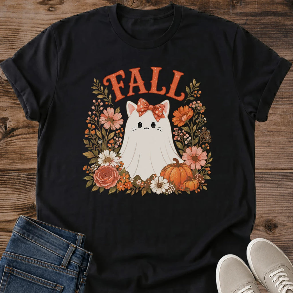 Cozy Fall Fashion Shirt Autumn Cat Graphic Design Seasonal Tee Black Fabric Base White Cat Illustration Floral Wreath Details Pumpkin Accent Elements Warm Seasonal Colors Casual Everyday Comfort Wear Perfect Autumn Wardrobe Essential
