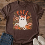 Casual Fall Tee Shirt Cat Graphic Design Autumn Fashion Essential Black Fabric Background White Cat Portrait Floral Wreath Pattern Pumpkin Details Warm Color Scheme Cozy Seasonal Wear Everyday Comfort Style Perfect Cat Lover Gift Autumn