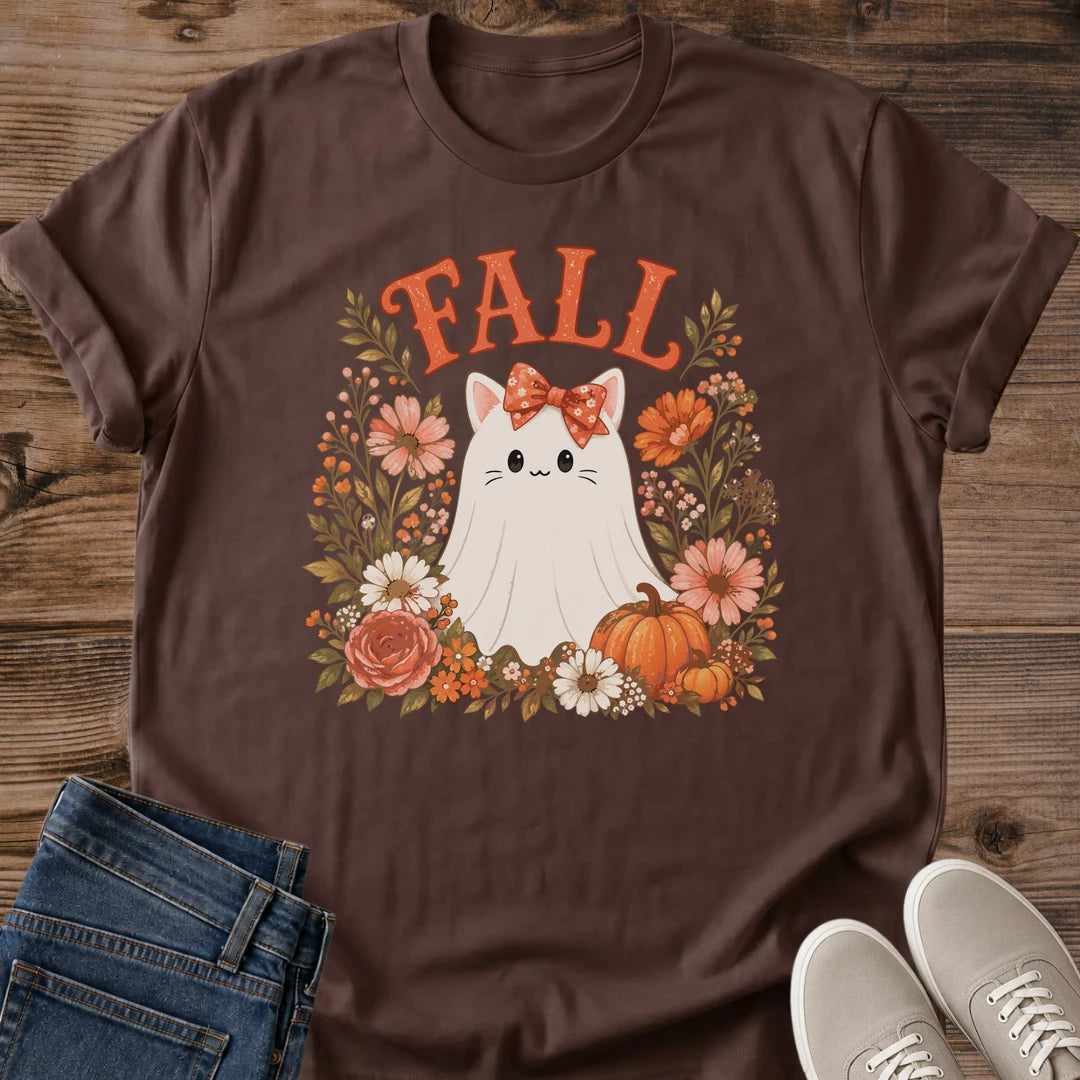 Casual Fall Tee Shirt Cat Graphic Design Autumn Fashion Essential Black Fabric Background White Cat Portrait Floral Wreath Pattern Pumpkin Details Warm Color Scheme Cozy Seasonal Wear Everyday Comfort Style Perfect Cat Lover Gift Autumn