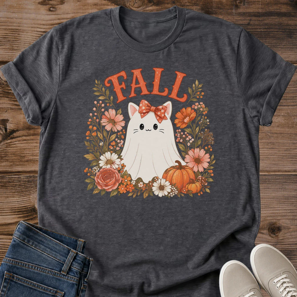 Fall Cat Shirt Perfect Gift For Cat Lovers Autumn Graphic Tee Black Fabric Design White Cat Portrait Floral Wreath Accent Pumpkin Details Warm Seasonal Colors Cozy Fashion Statement Casual Everyday Wear Comfortable Style Essential Rosy Bow