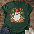 Seasonal Autumn Shirt Design Fall Cat Graphic Tee White Cat Portrait Black Fabric Base Floral Wreath Accent Pumpkin Element Details Warm Fall Colors Cozy Fashion Statement Casual Everyday Wear Comfortable Style Essential Perfect Cat Lover