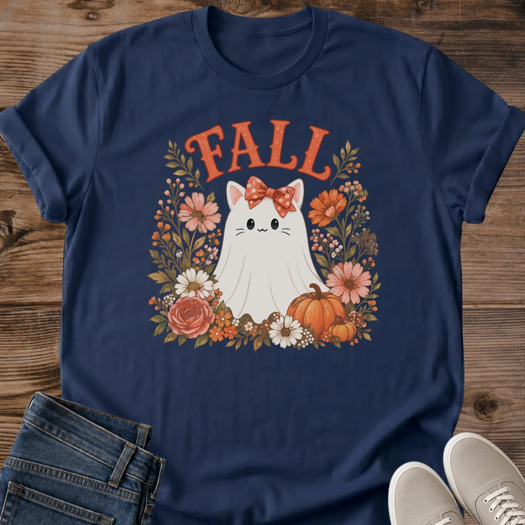 Autumn Graphic Tee Design Fall Cat Illustration White Cat Portrait Centered On Black Fabric Floral Wreath Pattern Pumpkin Accent Details Warm Color Palette Fashion Rosy Bow Element Cozy Seasonal Shirt Casual Wear Essential Comfortable Style