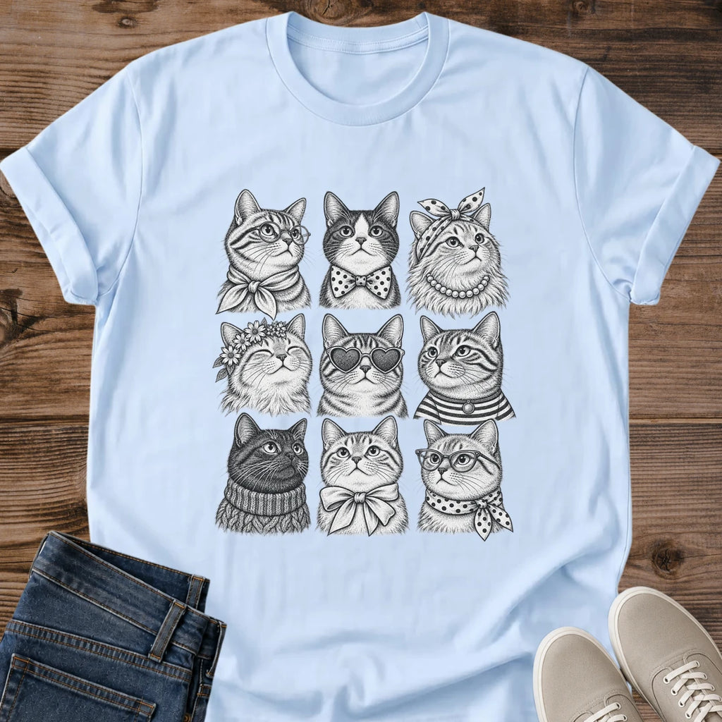 Fancy Cats Shirt White Nine Cats In Accessories Tee Coquette Cat Graphic Cats With Bows Pearls And Glasses Vintage Pencil Sketch Cat Shirt Cat Portrait Grid Tee Cat Mom Gift Cat Lover Gift Gildan 64000 Softstyle Unisex Cat Whisker Co