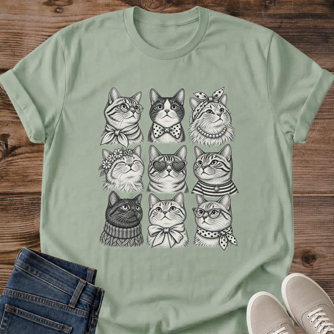 Coquette Cat Shirt Fancy Cats Tee Dressed Up Cats In Bow Ties Bandanas And Sweaters Illustration Black And White Cat Sketch Art Cat Owner Gift For Her Cat Dad Tee Cat Fashion Shirt Multi Cat Soft Cotton Unisex Shirt Cat Whisker Co