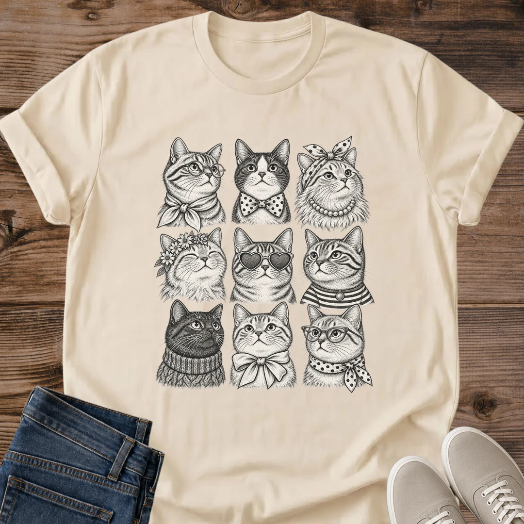 Cats With Bows Shirt Fancy Cats Cute Cat Tee Hand Drawn Cat Portraits In Glasses Pearls And Flower Crown Graphic Cat Owner Shirt Gift For Cat Lovers Coquette Aesthetic Tee Cat Grid Shirt Unisex Ringspun Cotton Shirt Cat Whisker Co