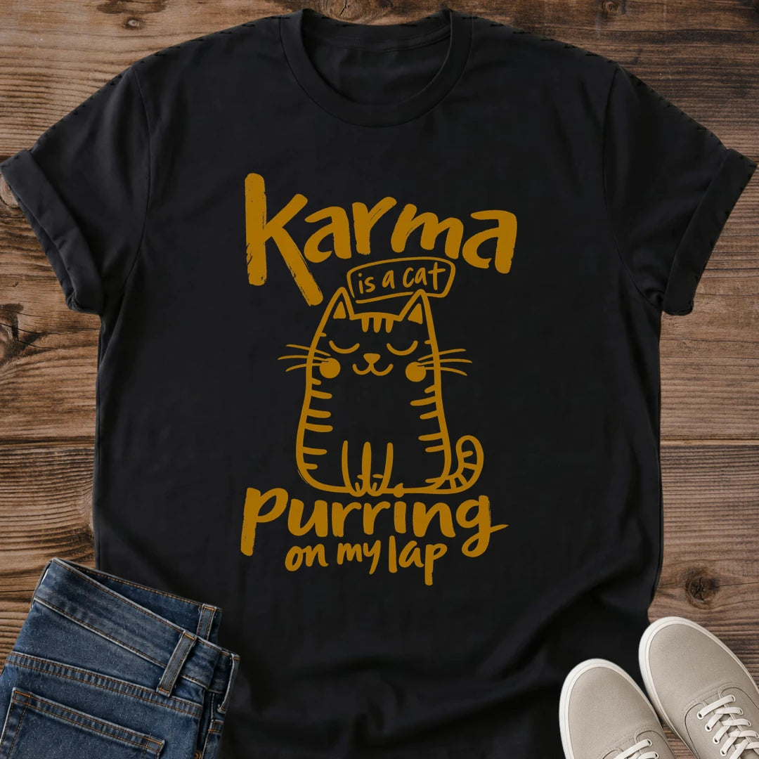 Black Feline Philosophy Cat T-Shirt, a Gildan 64000 Softstyle unisex crewneck with rolled short sleeves. Warm gold line art shows a seated smiling cat with closed eyes, round cheeks, whiskers, stripes and a curled tail, surrounded by playful lettering reading "Karma is a cat purring on my lap." Front flat lay on rustic brown wood planks, with folded dark denim jeans at lower left and light gray lace-up sneakers at lower right.