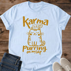 Light Blue pastel blue Feline Philosophy Cat T-Shirt, a Gildan 64000 Softstyle unisex crewneck with rolled short sleeves. Warm gold line art shows a seated smiling cat with closed eyes, round cheeks, whiskers, stripes and a curled tail, surrounded by playful lettering reading "Karma is a cat purring on my lap." Front flat lay on rustic brown wood planks, with folded dark denim jeans at lower left and light gray lace-up sneakers at lower right.