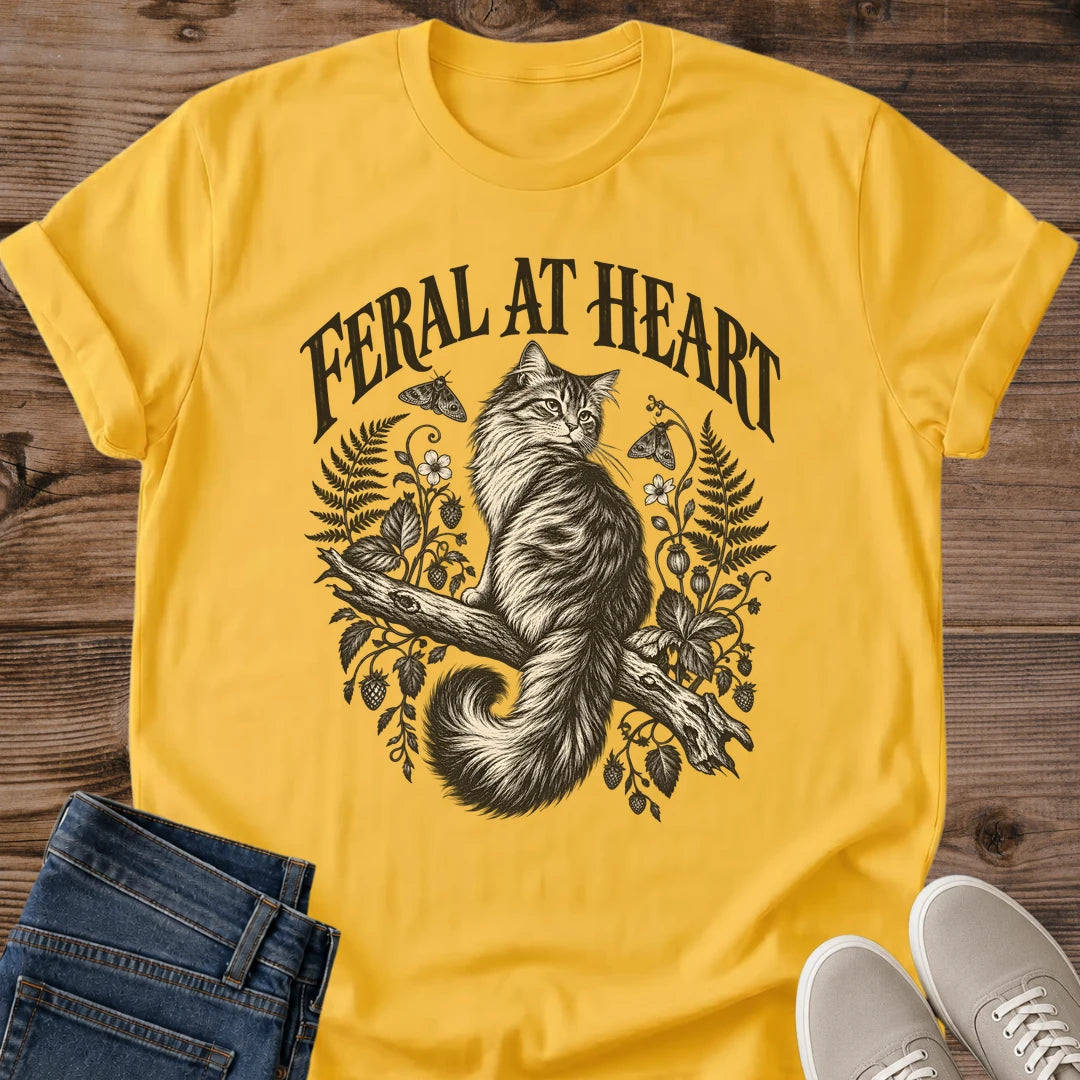Feral At Heart Cat Shirt White Cottagecore Cat Tee Long Haired Cat On Branch Graphic Woodland Botanical Cat Shirt Fern And Wildflower Design Dark Cottagecore Tee Cat Mom Gift Feral Cat Lover Gildan 64000 Softstyle Unisex Cat Whisker Co
