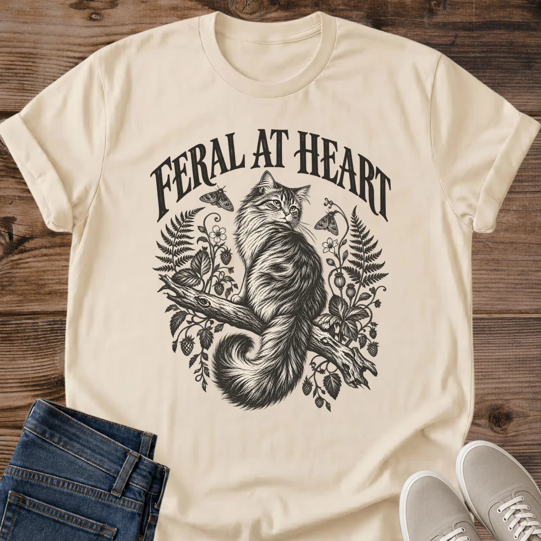 Feral At Heart Cat Shirt White Cottagecore Cat Tee Long Haired Cat On Branch Graphic Woodland Botanical Cat Shirt Fern And Wildflower Design Dark Cottagecore Tee Cat Mom Gift Feral Cat Lover Gildan 64000 Softstyle Unisex Cat Whisker Co