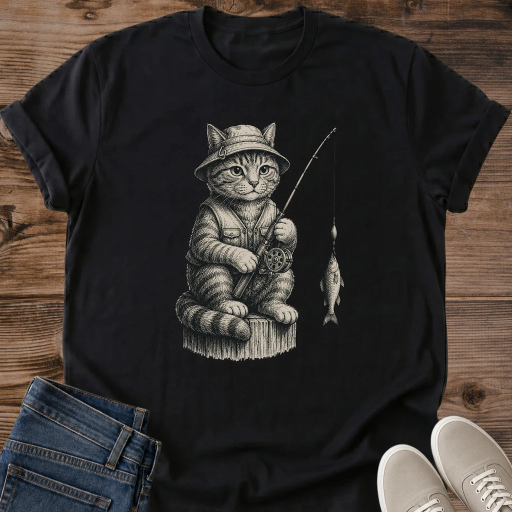 Cat Lover Gift Shirt Vintage Fishing Design Whimsical Graphic Tee Storybook Illustration Style Soft Cotton Fabric Breathable Comfort Funny Cat Tshirt Casual Wear Essential Novelty Present Chest Print Design Weekend Outfit Coffee Shop Style